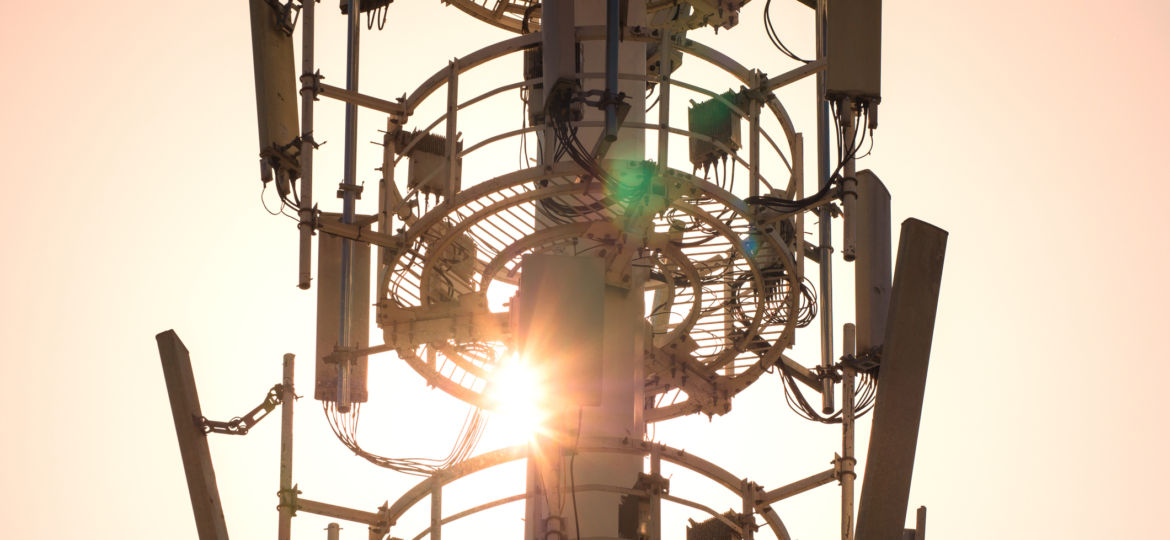 drone image of a 5G cell tower at sunset