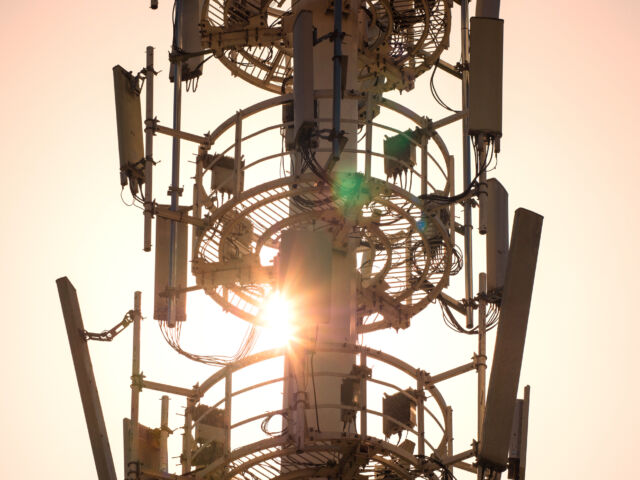 drone image of a 5G cell tower at sunset