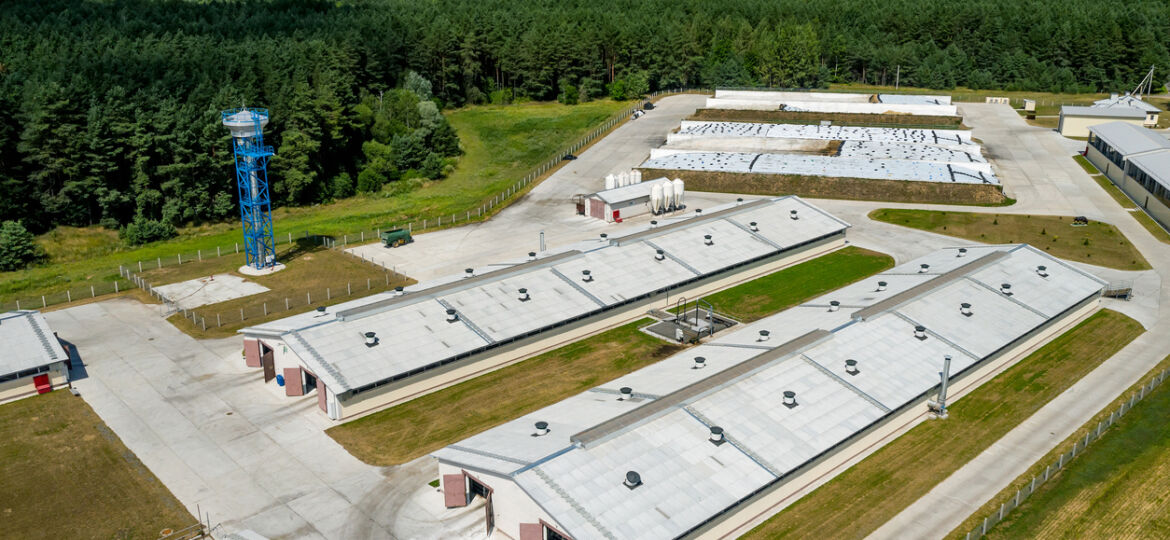 An aerial photo of two warehouse buildings in a farm.